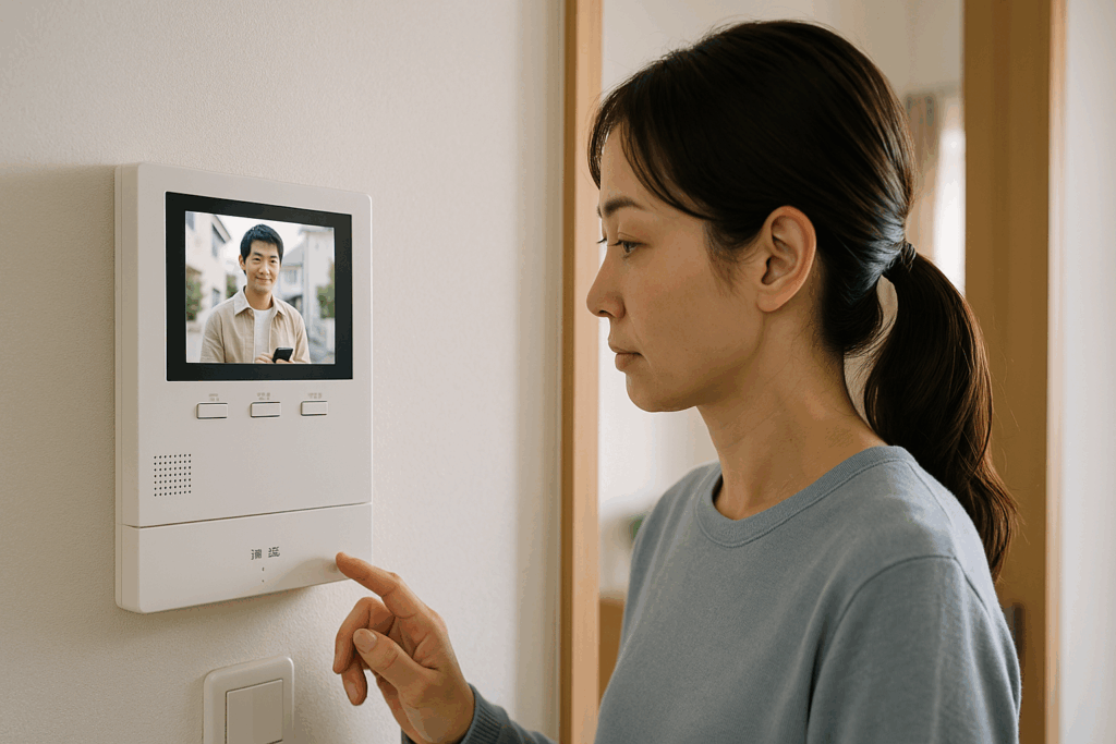 インターホンをみている女性