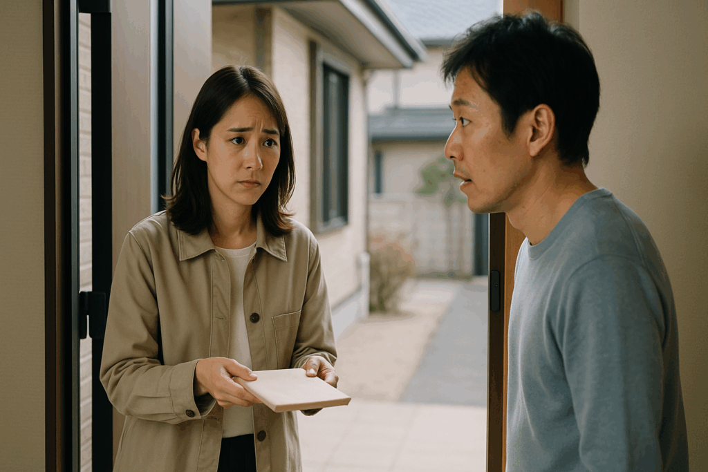 玄関で話す男女