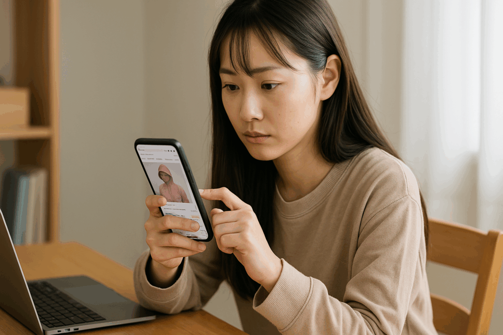 スマホで不審者パーカーを探している