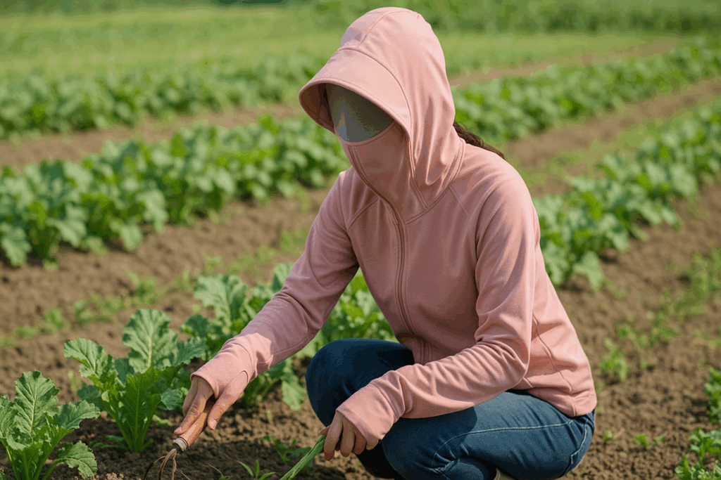 畑で草抜きをする女性
