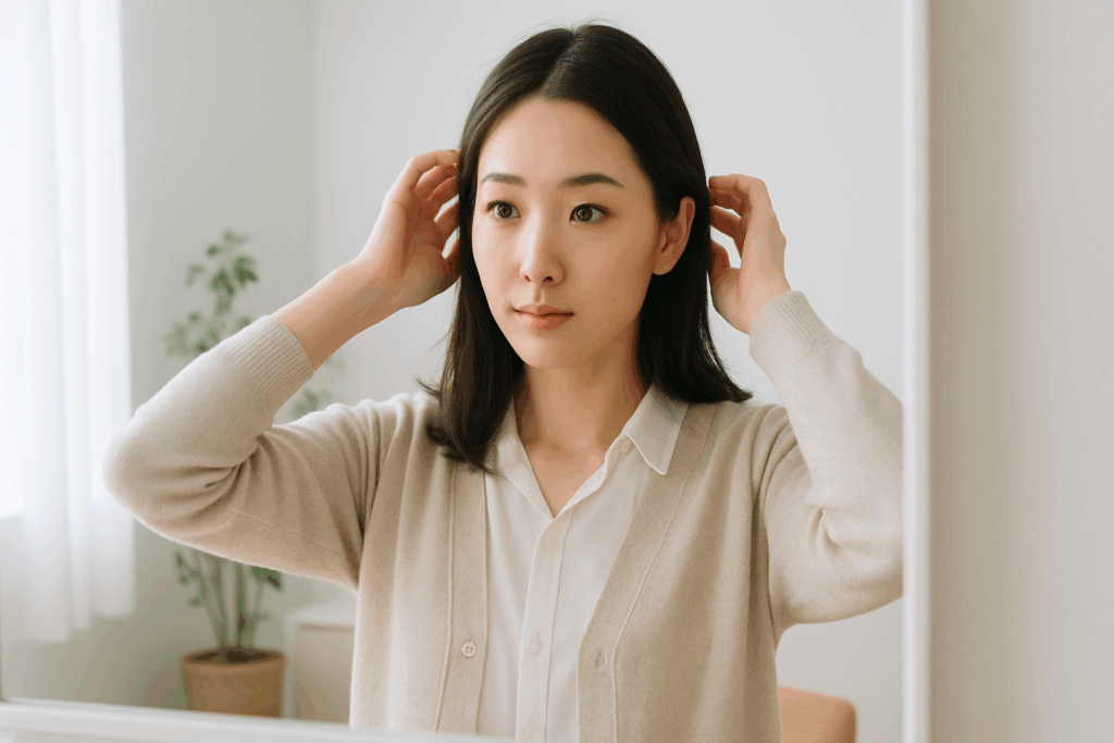かがみをみている女性