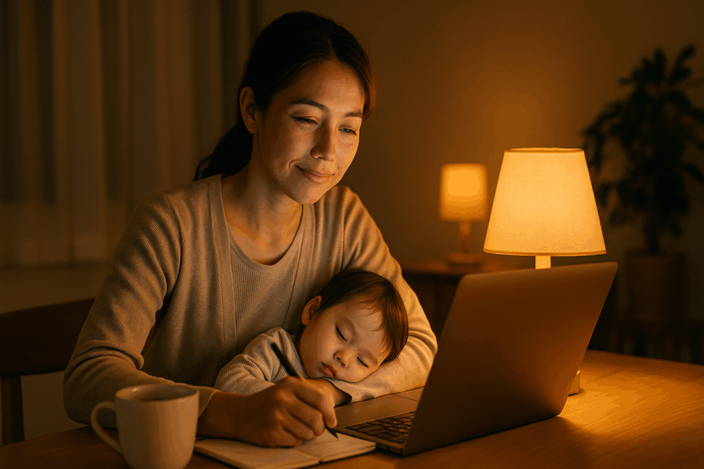 子供をだっこしてノートに何か書いている女性