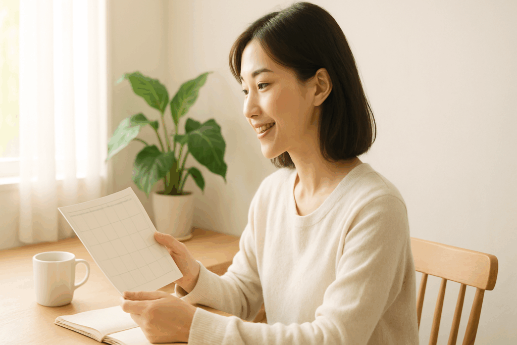 予定表を持って笑っている女性