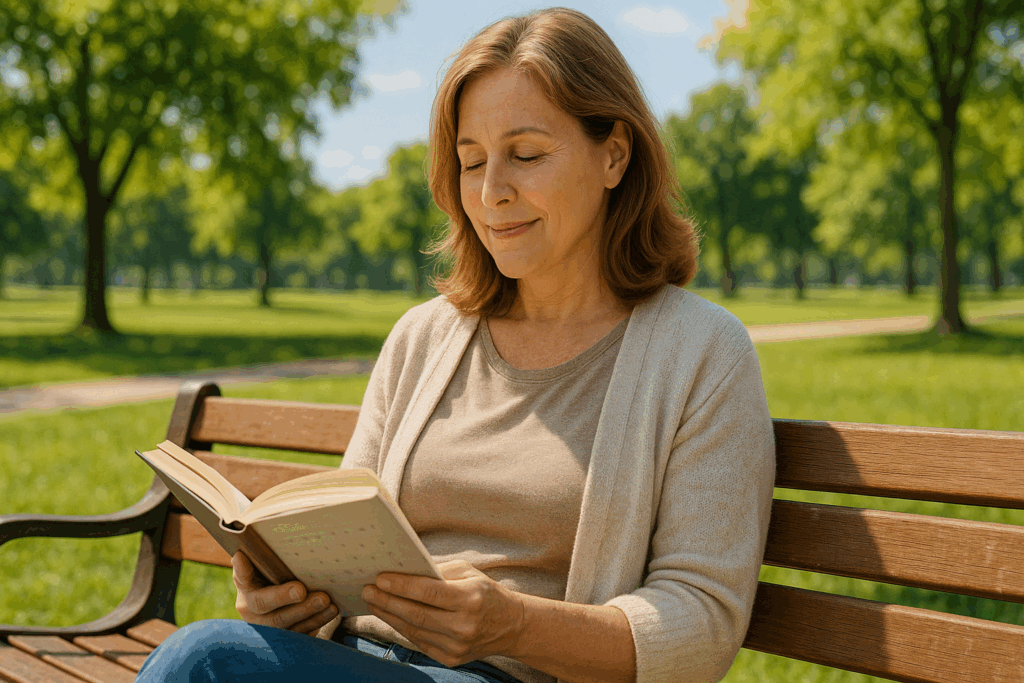 公園のベンチで本を読む女性
