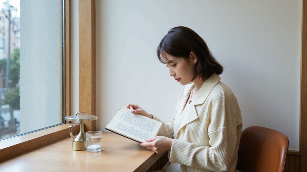 窓辺で本を読んでる女性