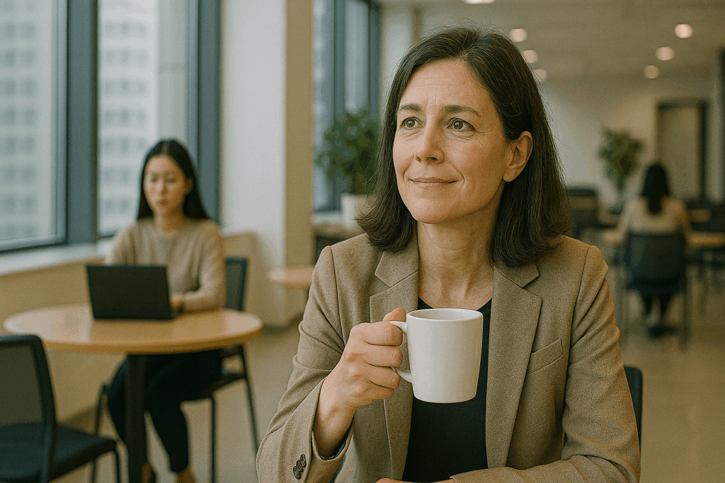 コーヒーを飲んで少し和んでいる40だお女性