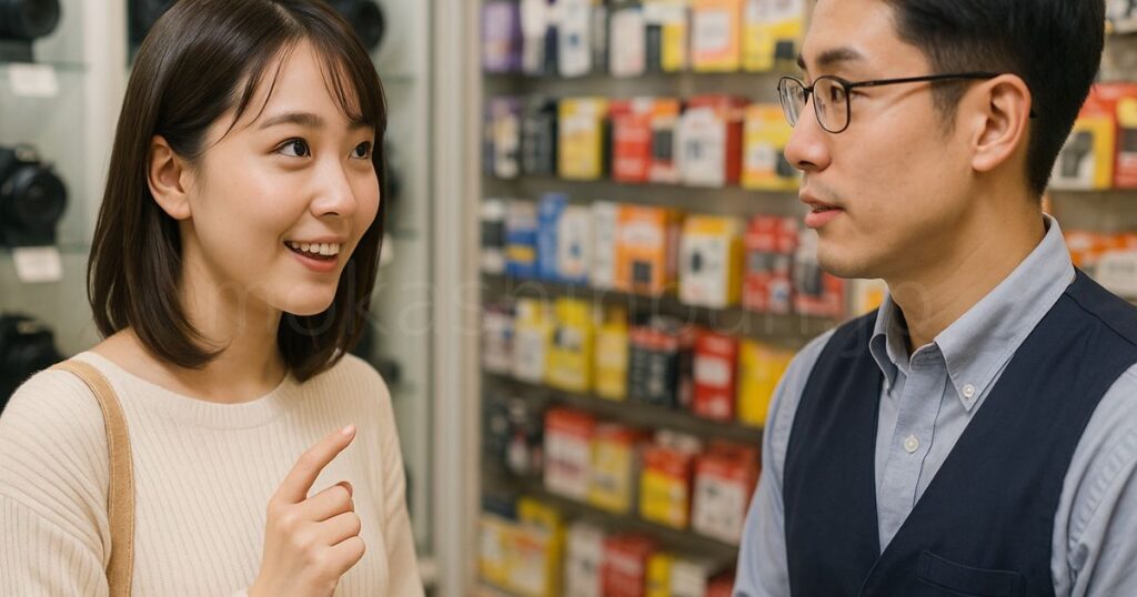 店員に電池の情報を聞いている女性