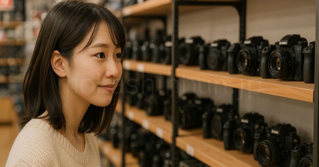 お店でカメラをみている女性