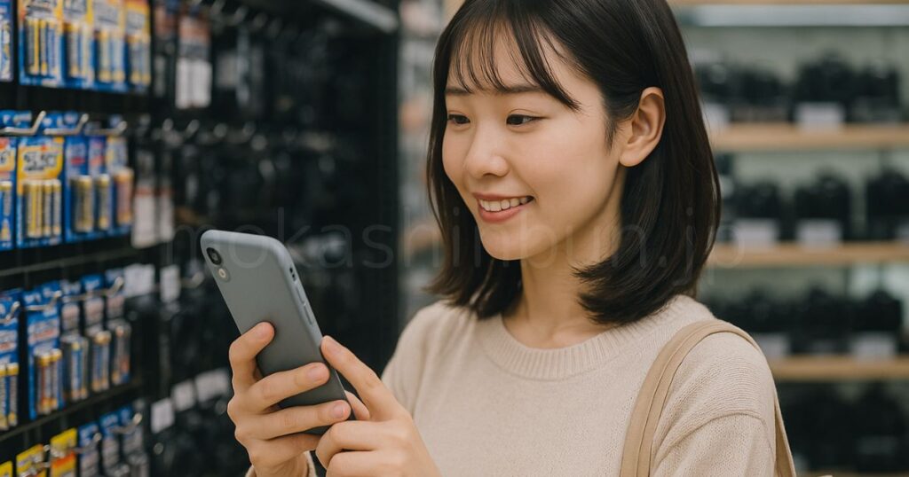 スマホで価格チェックをしている女性