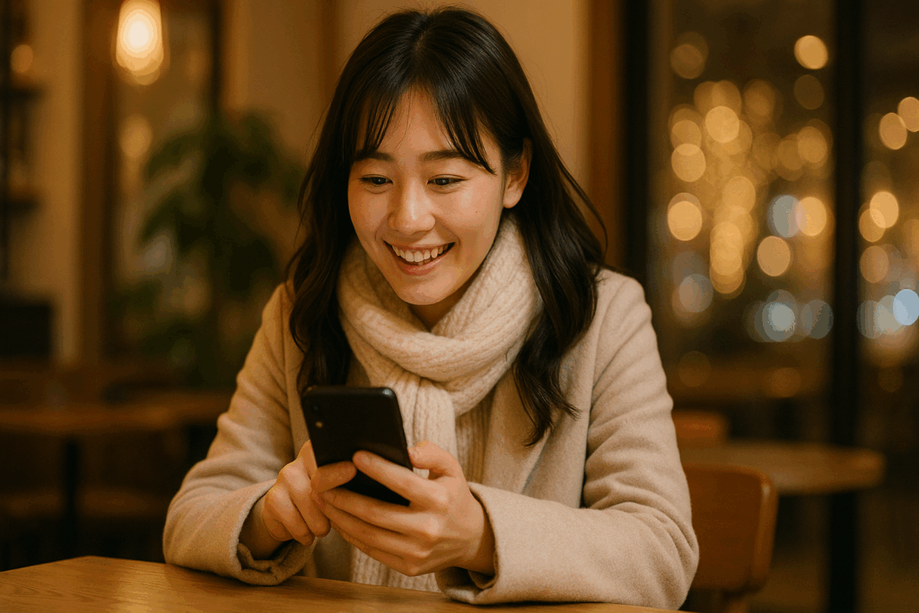 嬉しそうにスマホを見てる