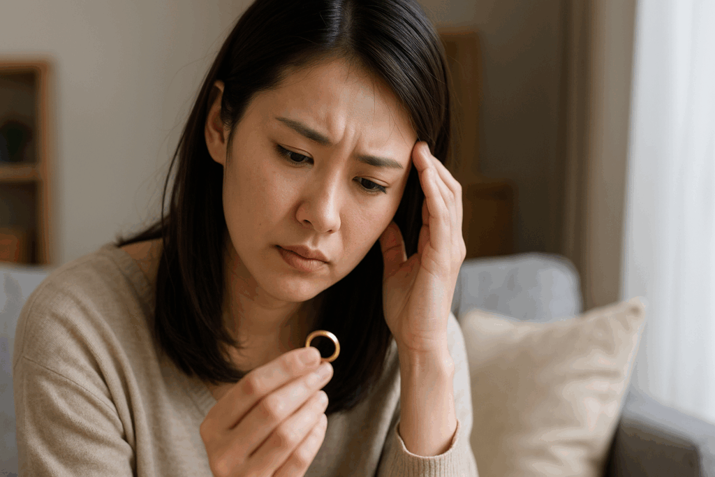指輪を見て悩んでる女性