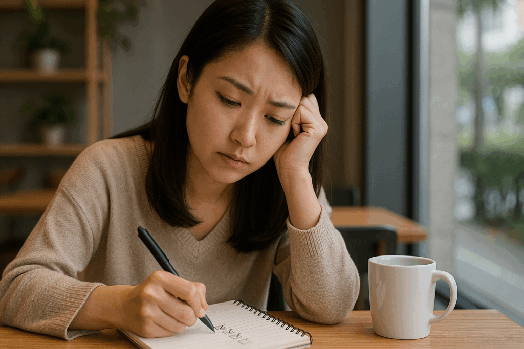 ノートに何か書いてる女性