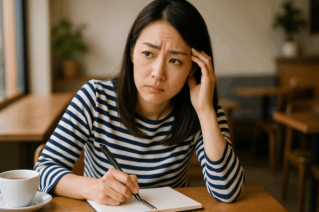思い出しながら体験を書いてる女性