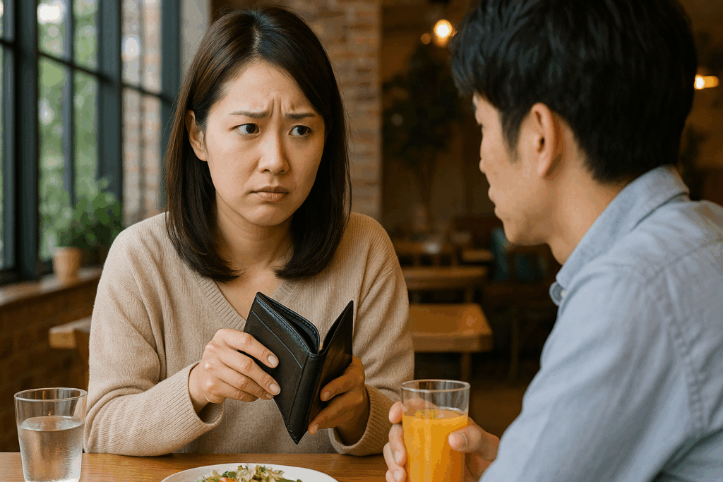 カフェで財布を開きながら困っている女性