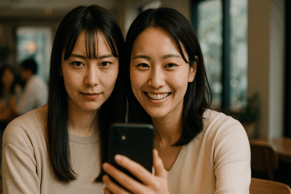 2人で写真を撮る女性