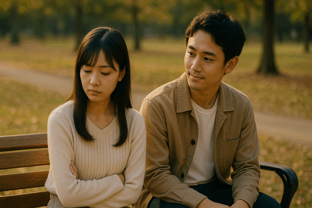 そっぽを向いている女性と優しく見ている男性