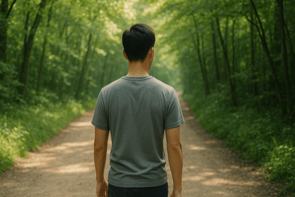 森林の中を歩いている男性