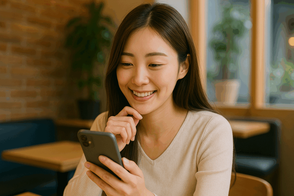 スマホを見て笑っている女性