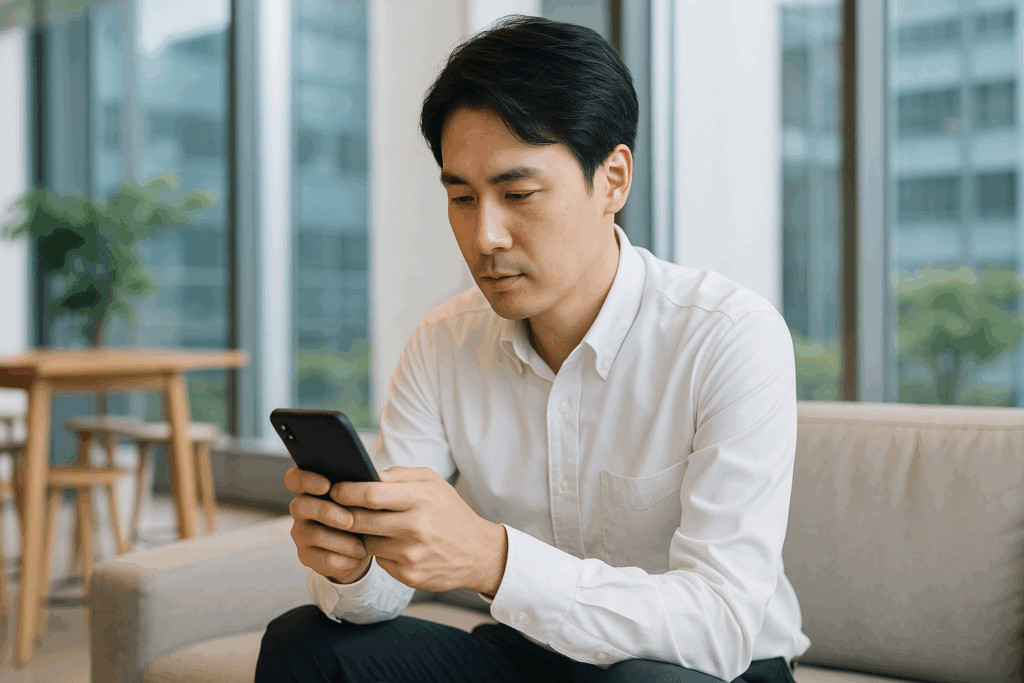 スマホで返信している男性