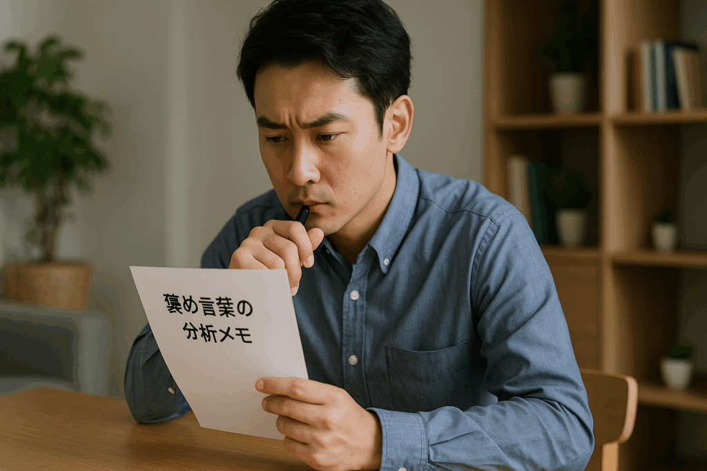 褒めることに注意するためのリストを書いている男性