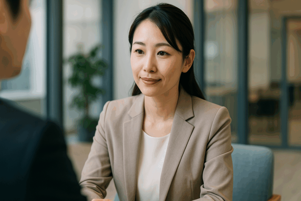 冷静に誉め言葉を聞いている女性