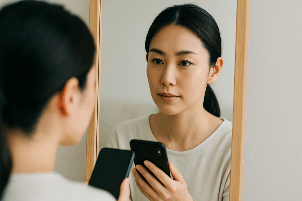 鏡をみている女性
