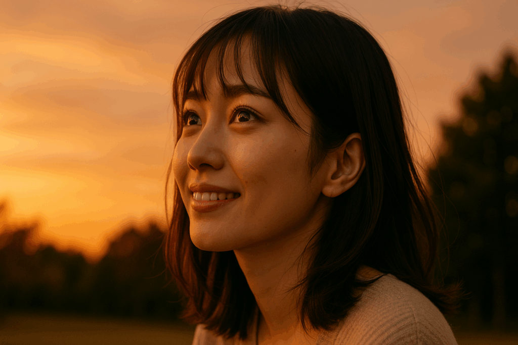 夕陽を見ている女性