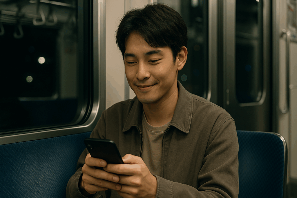 電車でスマホをみている男性