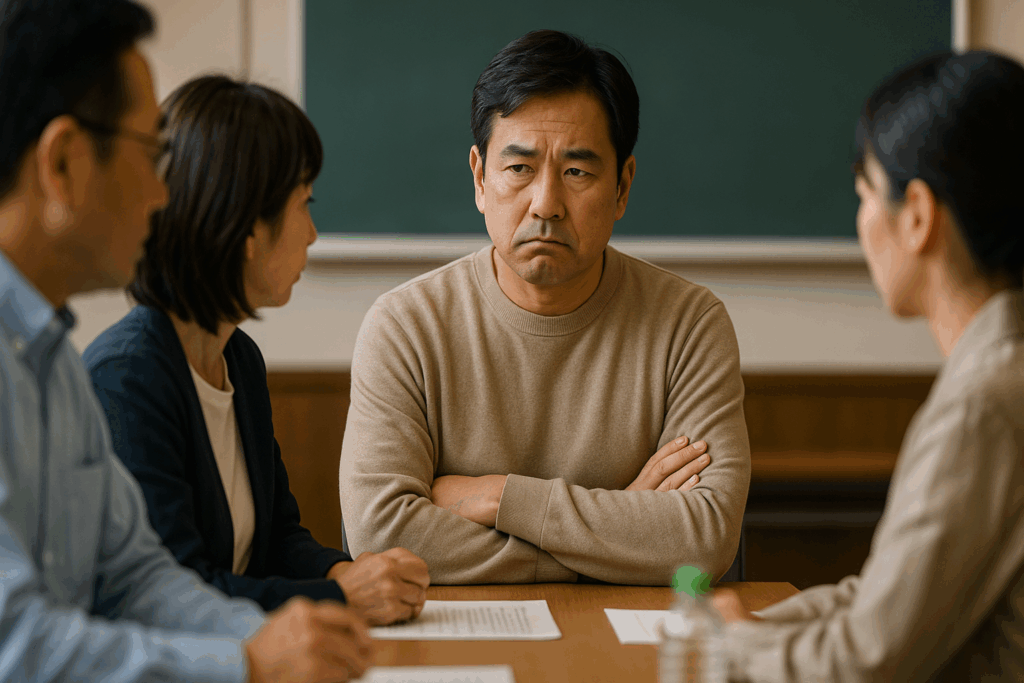 不機嫌な中年男性と話し合ってる3人の人