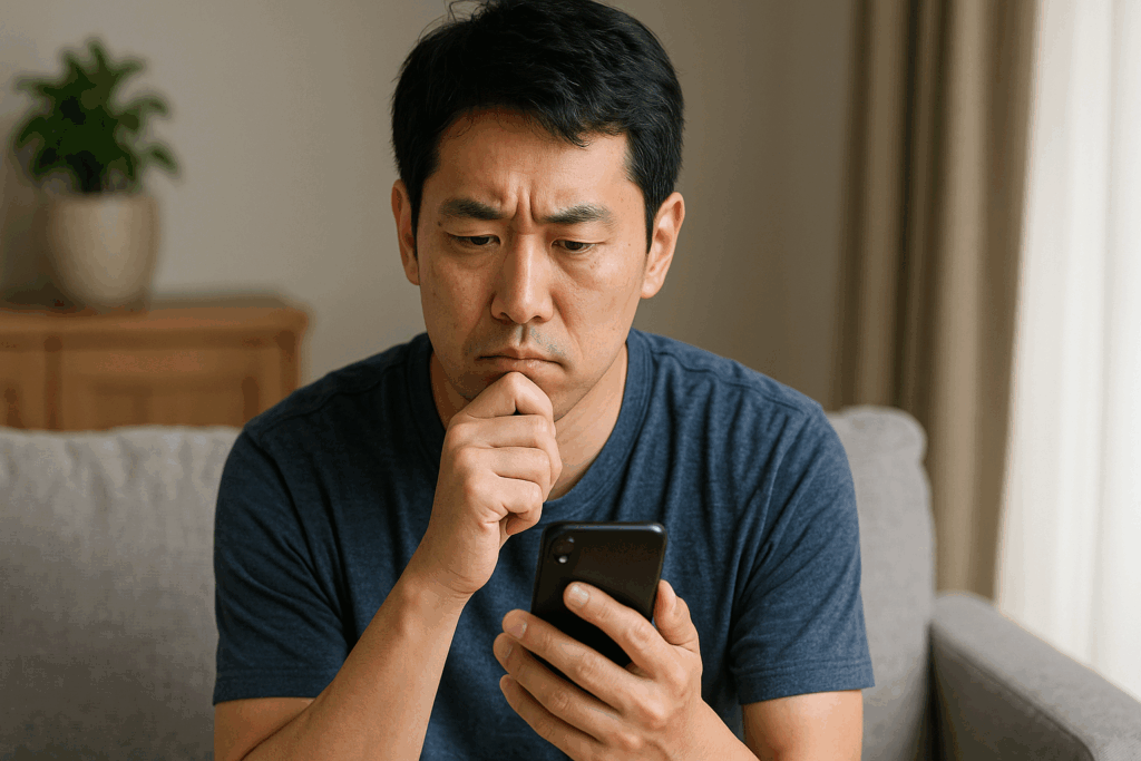 スマホをみながら悩んでる男性