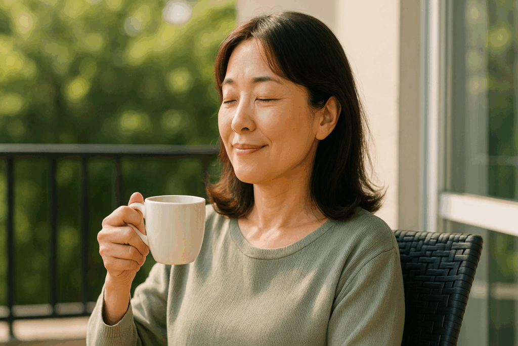 ホッとしてお茶を飲んでる女性