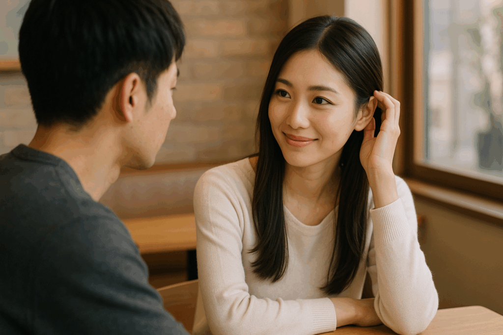 にっこり笑って話してる女性