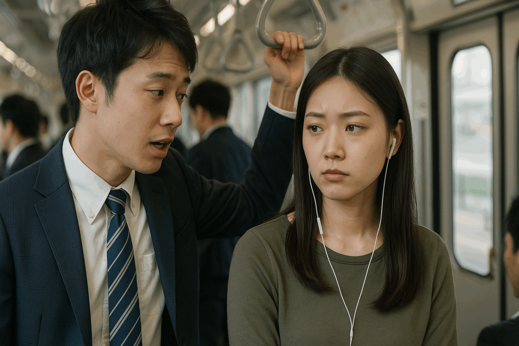 電車で話しかけてる男性をいぶかしげに見ている女性