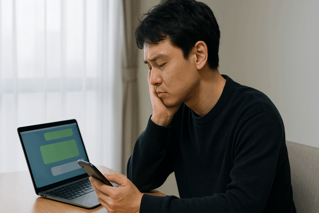 LINEを見て悩んでいる男性