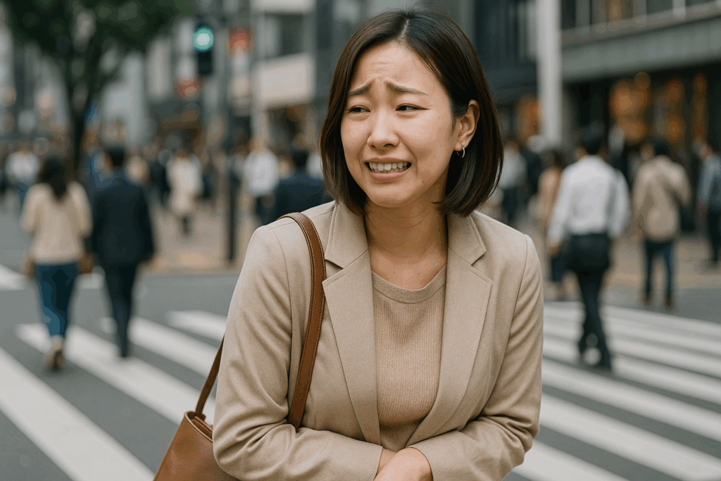 緊張しながら人を待っている女性