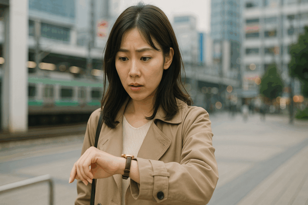 時計を見ながら待っている女性