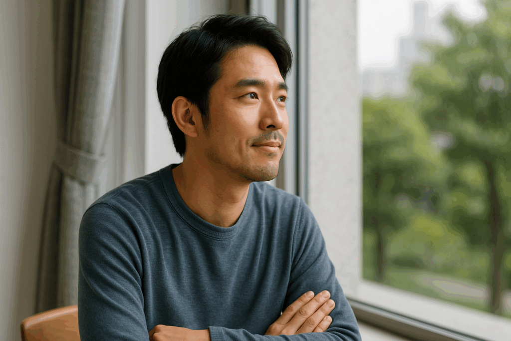 スッキリした表情で窓の外を見る男性
