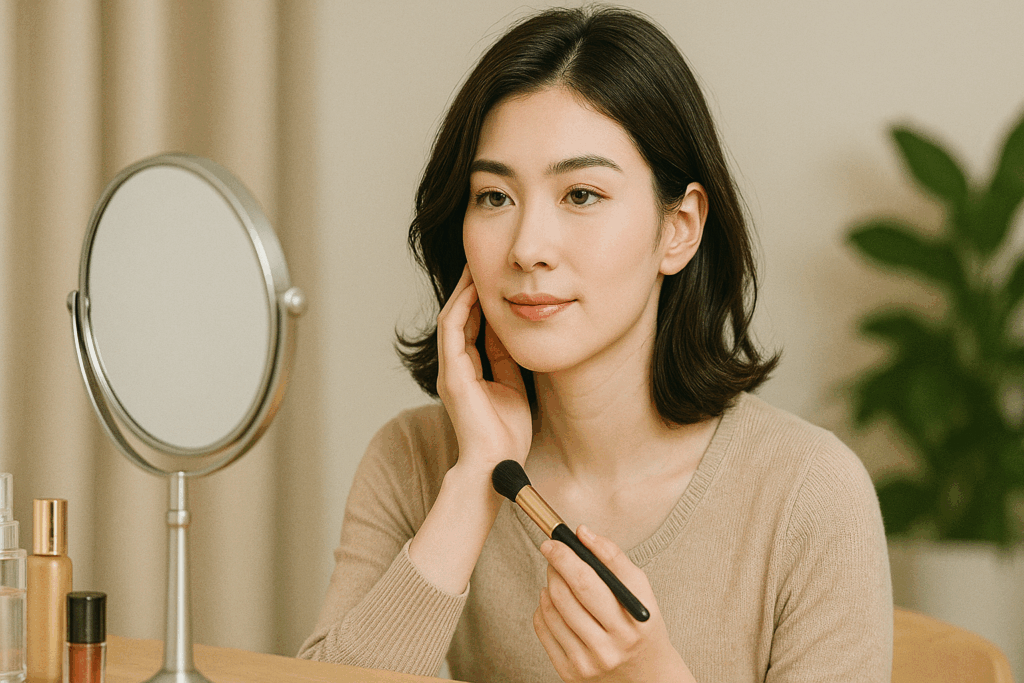 かがみの前で化粧をしている女性