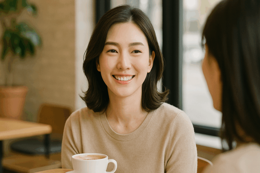 カフェでお茶を飲んでる女性