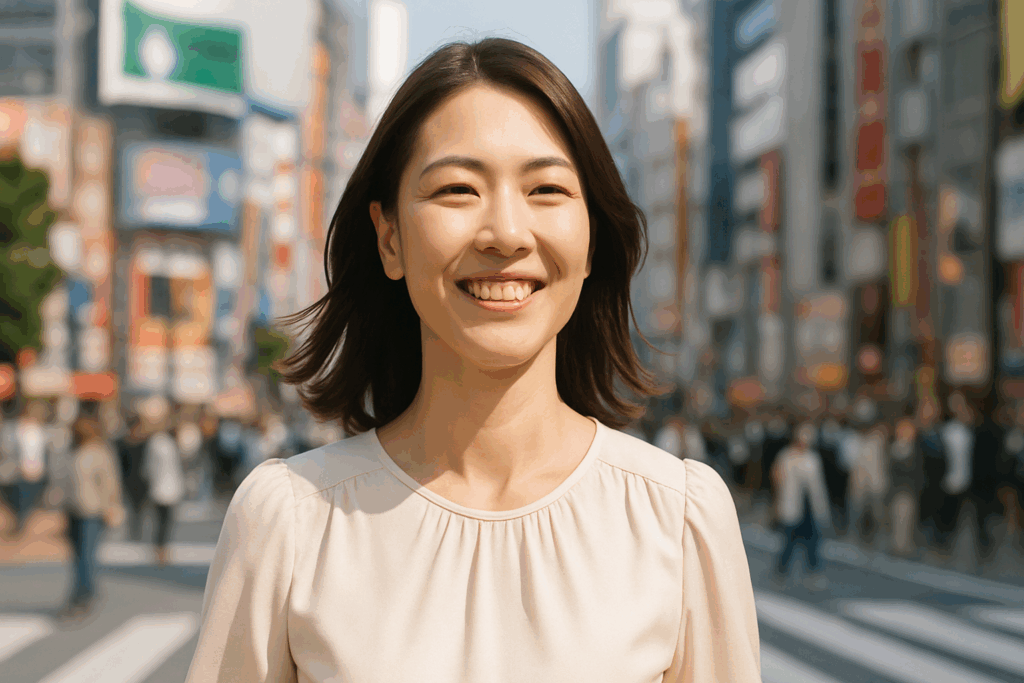 晴れやかに街を歩く女性