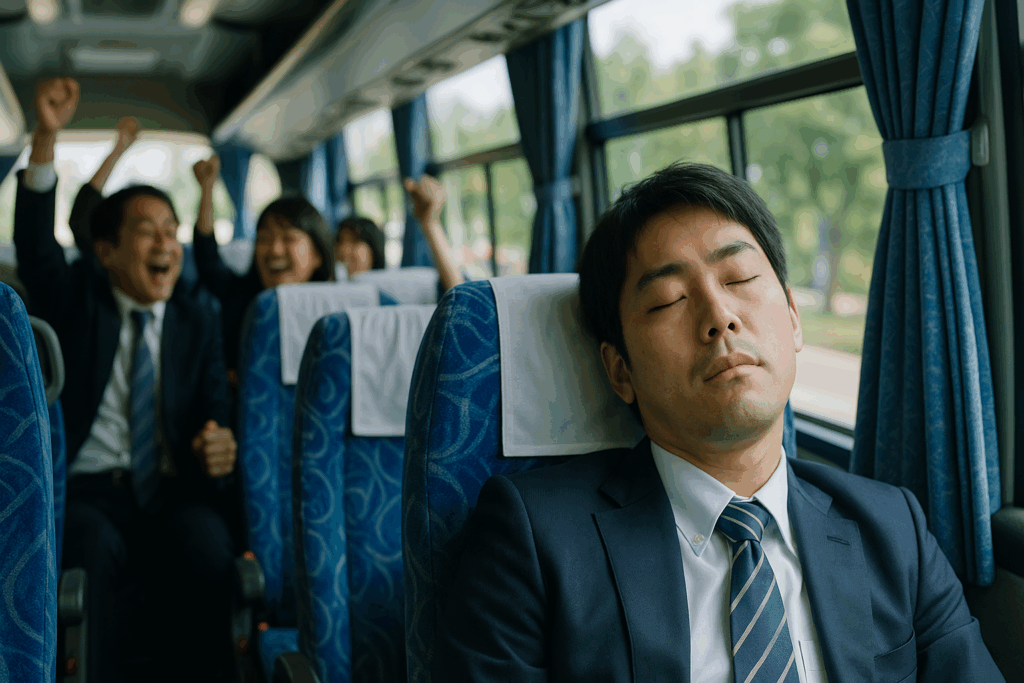 バスで寝ている新入社員