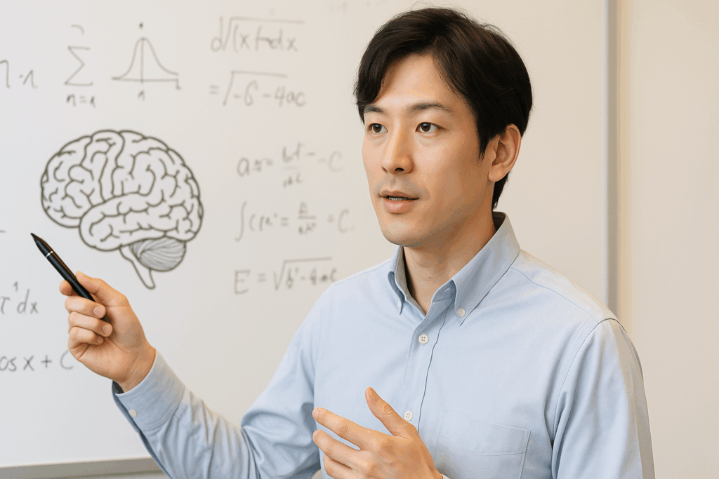 脳の説明をしている男性