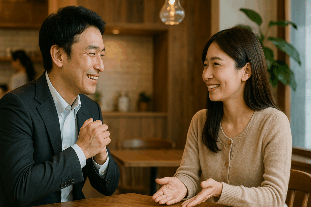 笑いあってる男女