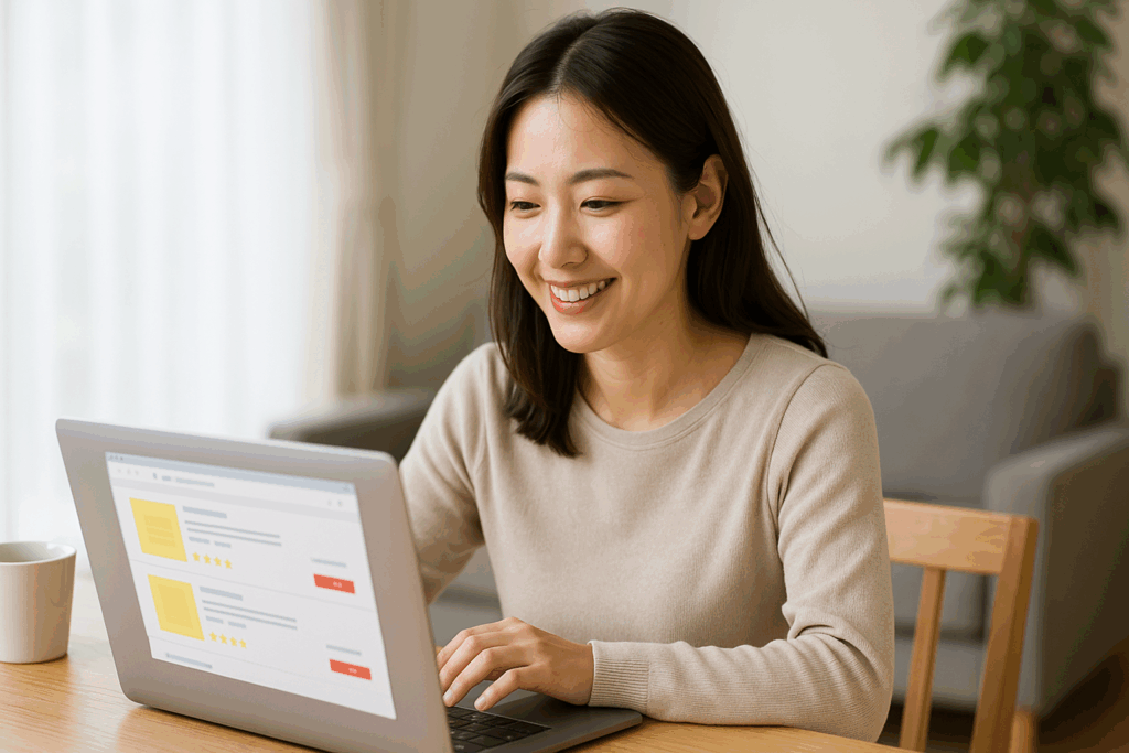 パソコンでレビューを調べている女性