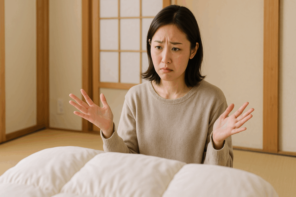 布団にダニがいて困っている女性