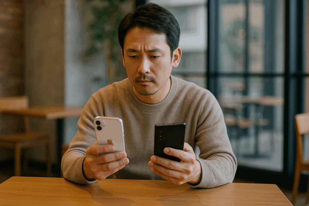 スマホを見て悩んでいる男性