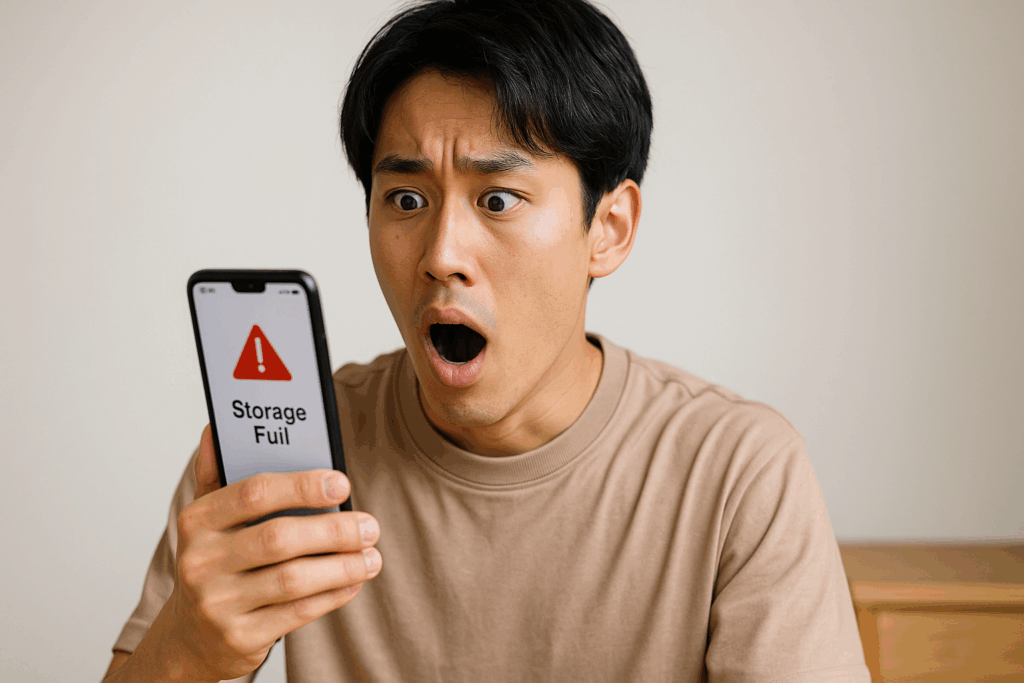 ストレージがいっぱいで驚いている男性