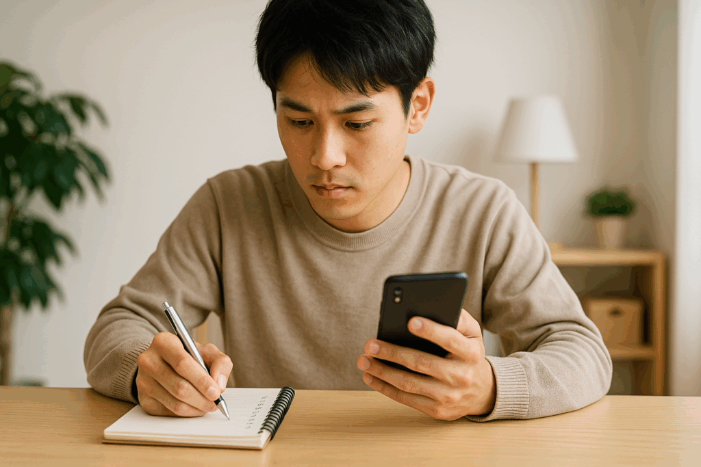 ノートにチェックリストを書いている男性