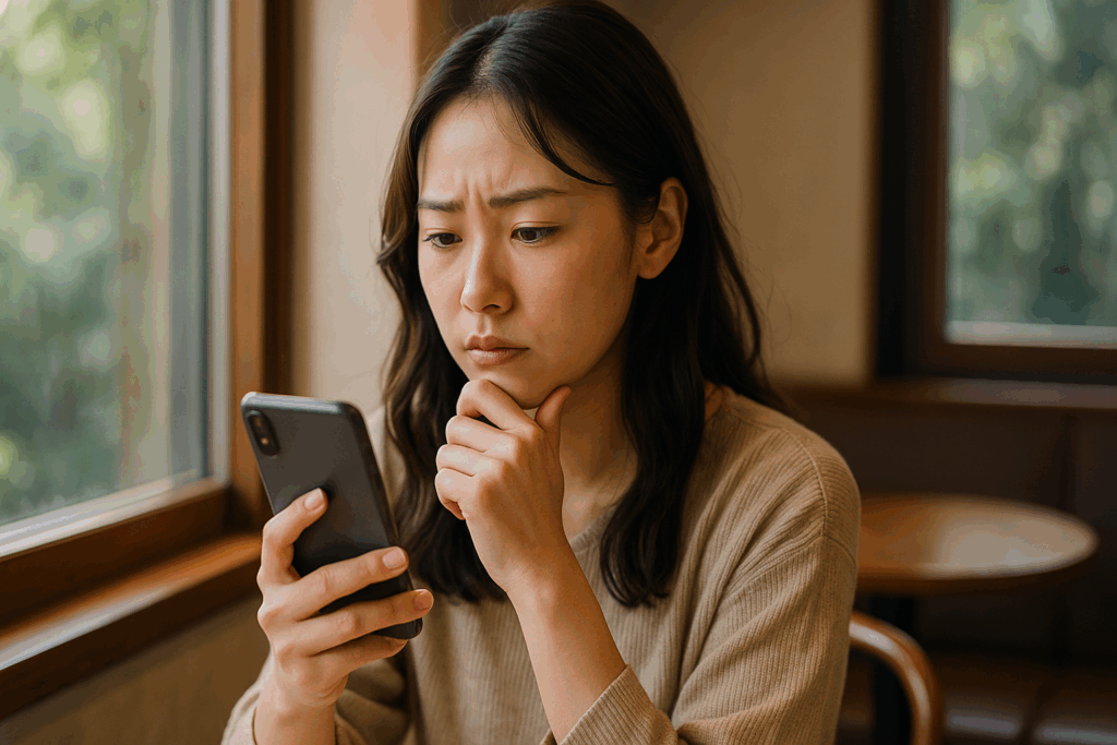 カフェで考え込んでる女性