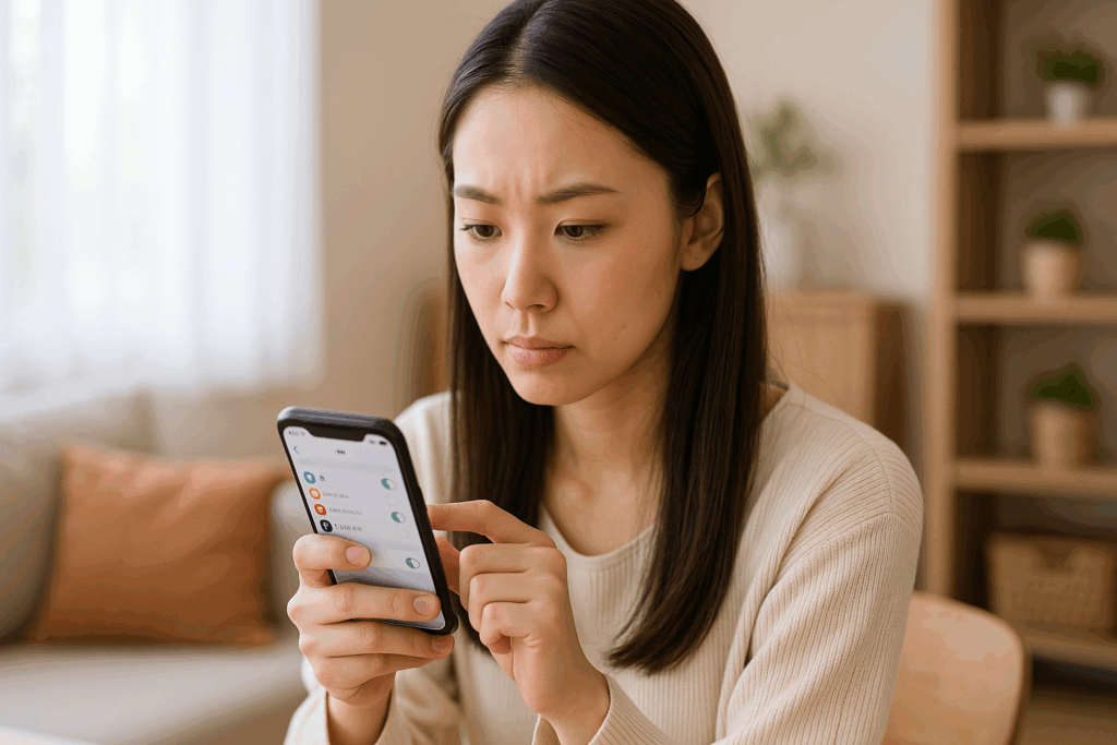 スマホをみて悩んでいる女性